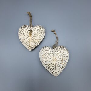 Vtg Pair of Metal Tin Heart Ornaments Christmas Valentines Cottagecore Farmcore